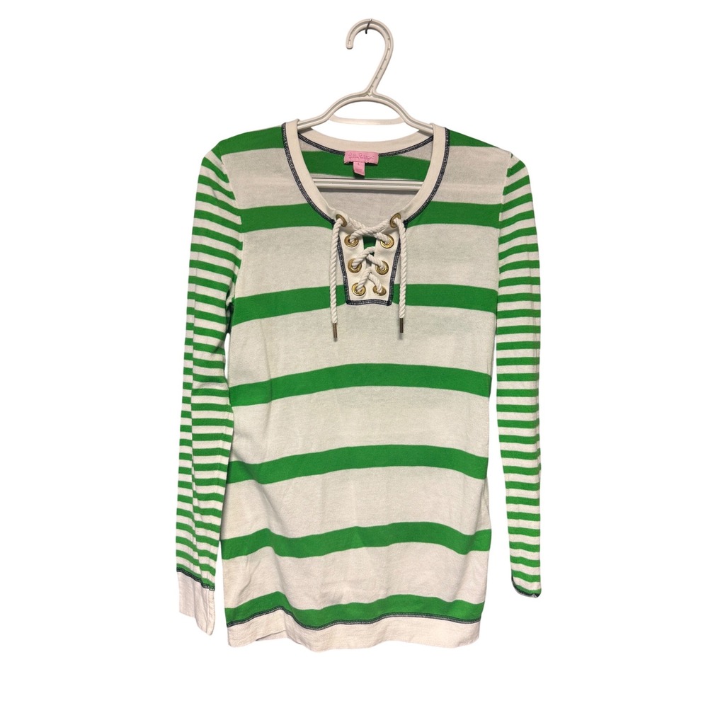Lilly Pulitzer Green White Striped Lace Up Nautical Knit Top Gold Grommets Large